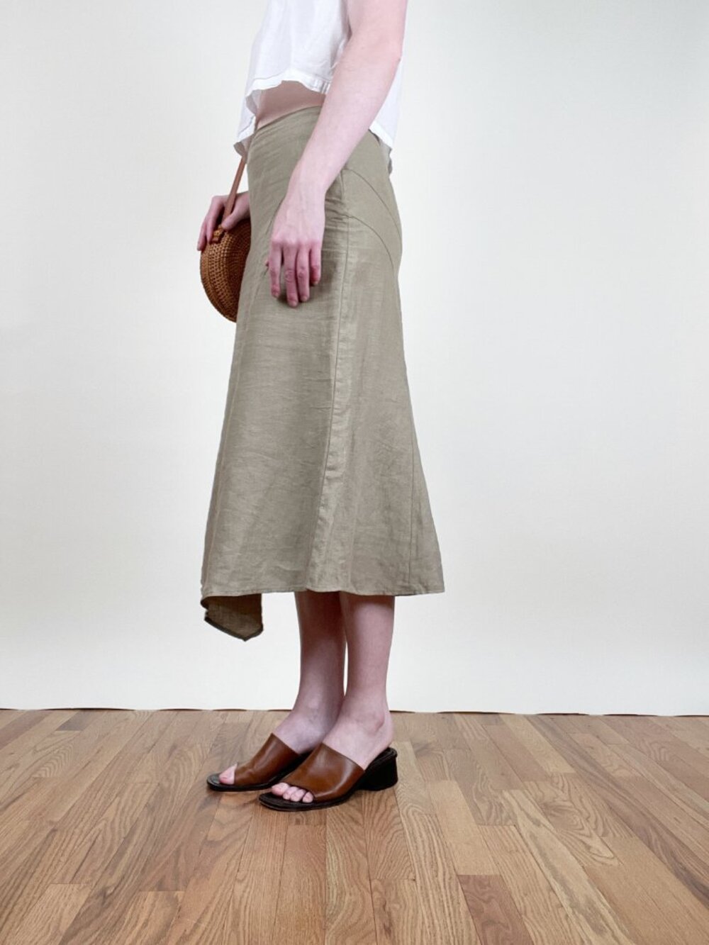 Vintage 90s Linen Midi Skirt Asymmetric High Waisted Minimalist Coastal 1990's - Picture 7 of 8